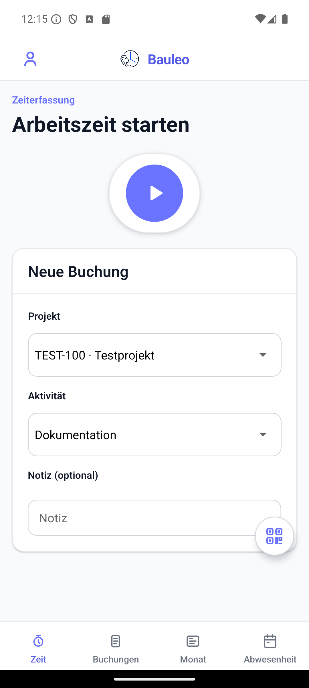 App: Zeiterfassung starten mit ausgewähltem Projekt